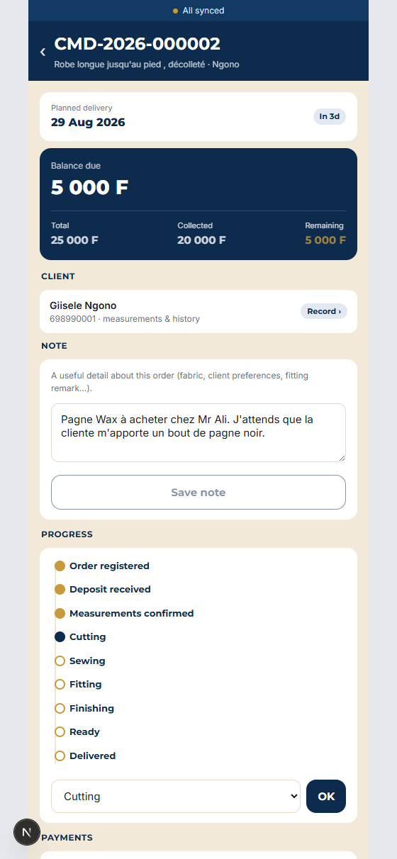 Order detail with balance due in KOUTIVO