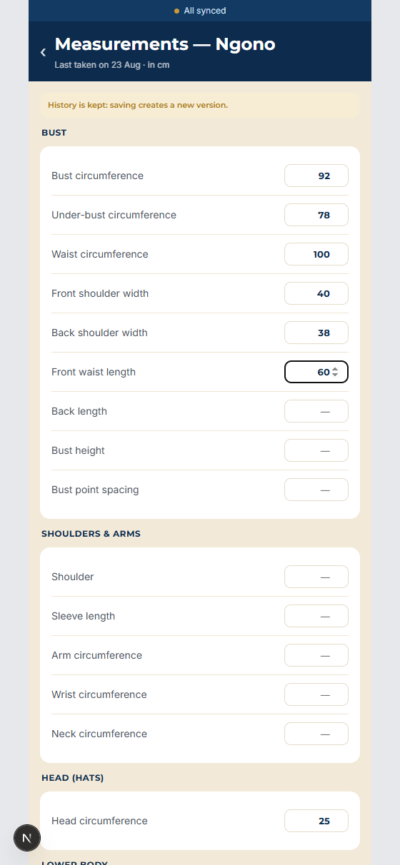 Measurements sheet in the KOUTIVO app